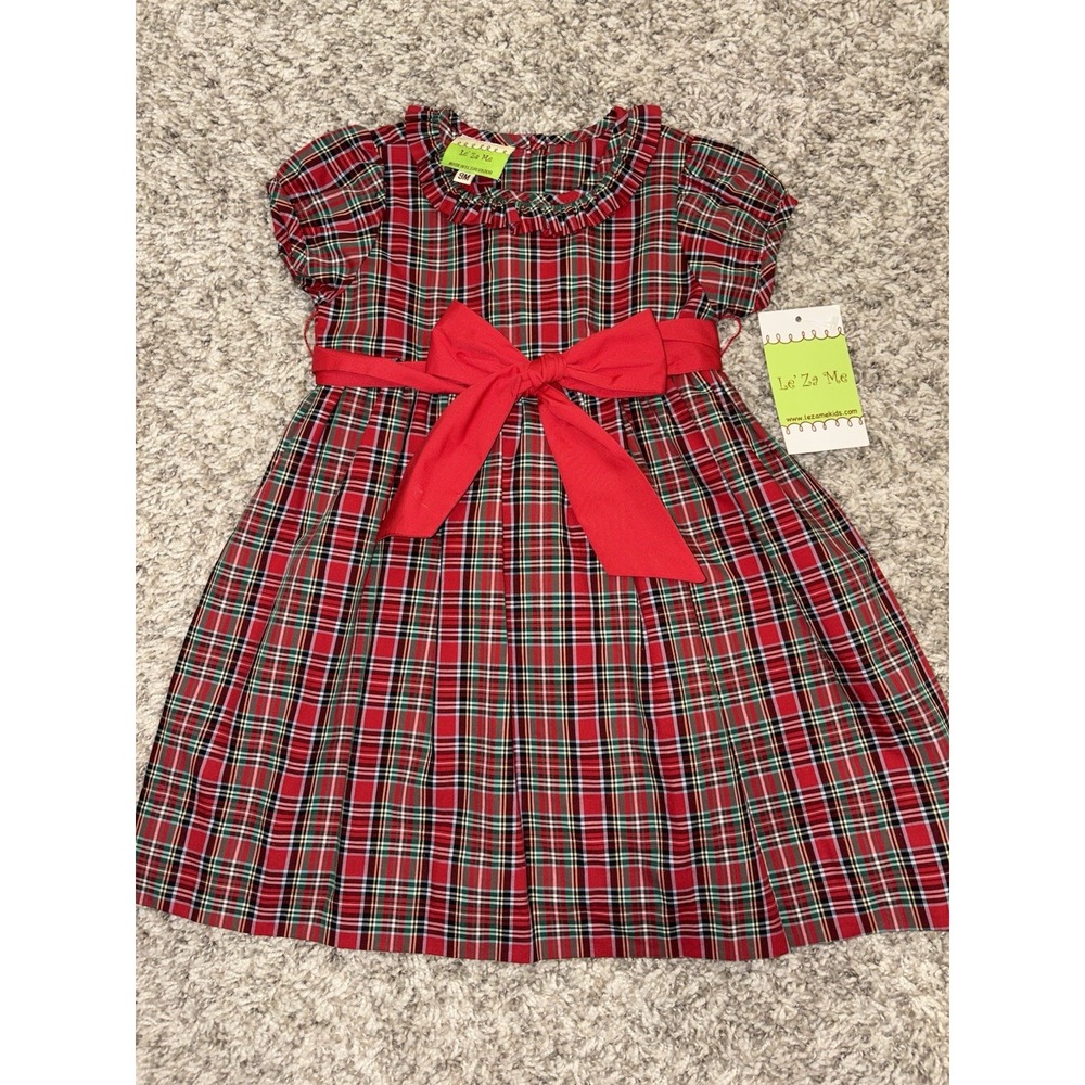 LE ZA ME Girls Red Plaid Christmas Holiday Ruffle Neck Dress w/Bow NWT 9 Months